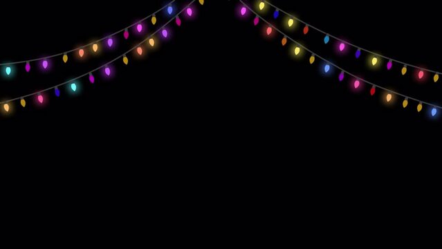 Colorful string of glowing blinking light bulbs. Colorful light chain with flashing bulbs. Lamps hang from the top over alpha channel. Colorful lamps, light show for christmas or new year celebration.