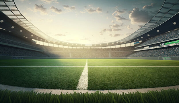 Panoramic view of foot ball or soccer arena stadium with grass field, spotlight for match, playground before game kicking, with Generative Ai.