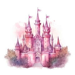 Obraz premium An isolated illustration of a pink watercolor castle. (Generative AI)