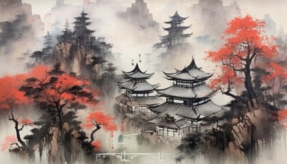 Chinese painting in ink. (Generative AI)
