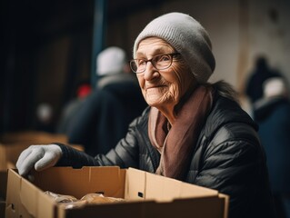 senior's pantry volunteer gives snacks that are put in bags, ai generated - obrazy, fototapety, plakaty