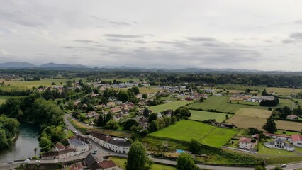 rural view of fields and houses in the Pyrenean countryside