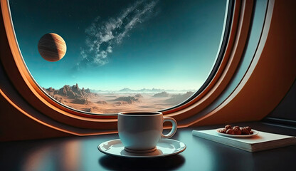 Close up cup of hot coffee on table in the spaceship with galaxy space, star, planet, asteroids, meteor and nebula view form window, drinking coffee in the universe with Generative Ai.