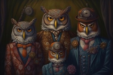 Feathered Family Portraiture Detailed Owl Costumes on Display Generative AI