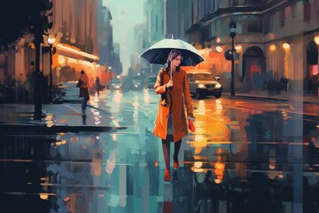 Oil painting on canvas, of a stylish woman with an umbrella wearing a fashionable raincoat and boots walking down a wet city street with reflections of buildings and streetlights. Generative Ai