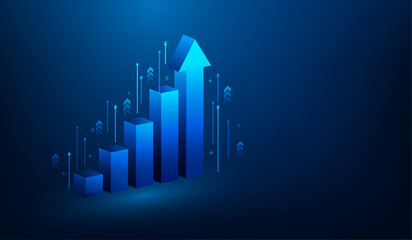 3d business investment and graph arrow up growth on blue dark background. achievement technology. income and return on investment. trading stock market increase concept. vector illustration fantastic.