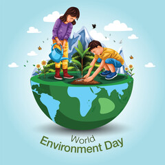 Kids Planting, Creative design world environment and earth day drawing and painting concept. abstract vector illustration design - obrazy, fototapety, plakaty
