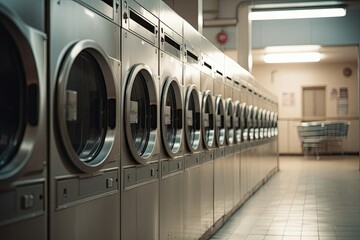 Public laundry. Row of industrial laundry machines in laundromat. Generative AI - obrazy, fototapety, plakaty