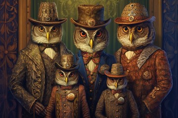 Owl Family Portrait Detailed Costumes and Loving Expressions Generative AI