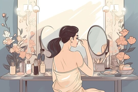 Young girl after shower wearing beige underwear sitting on sofa and doing make up. Woman painting eyelashes in front of mirror in light room. Illustration in cartoon style. Generative AI