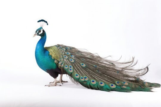Classic beautiful peacock on white background. Generative AI