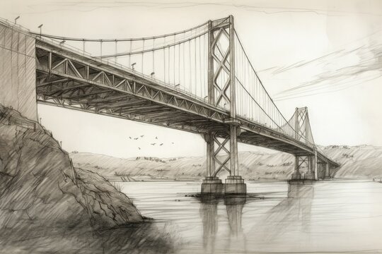 Illustration of a bridge with pylons over a river. Generative AI