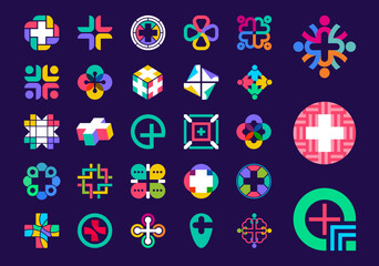 Unique Plus shape logo set. Unique color transitions. Heart plus logo template. vector - obrazy, fototapety, plakaty