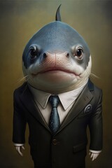 Portrait of baby fish shark tuna salmon etc. in a business suit. Generative AI