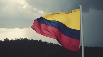 Independence day of Colombia, the national flag is developing on a dark background. AI generated.