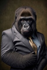 Portrait of baby gorilla in a business suit. Generative AI