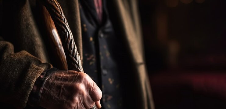 Grandparents Day. An elderly man holds a cane in his hand, close-up, dark background. AI generated.