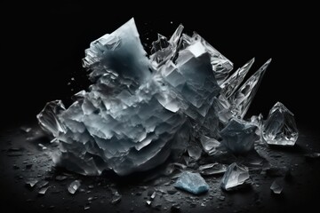 Obraz premium Shards of shiny glass and ice in flight, isolate, black background. AI generated