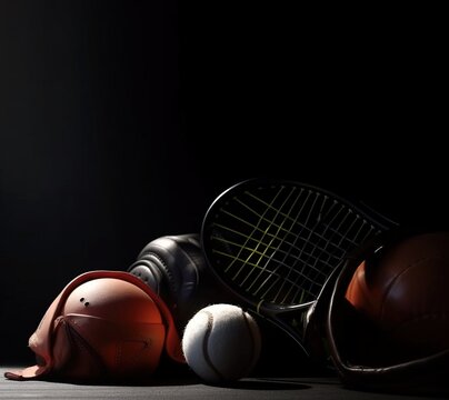 Sports equipment on the floor, balls, rackets, for games and competitions. AI generated.