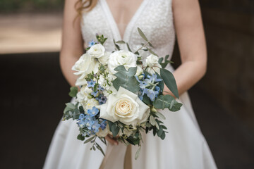 Beautiful bridal flowers close-up, bridal bouquet with white roses