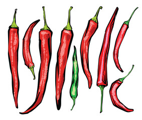 Red hot chili peppers. Textured ink brush drawing - 603453930