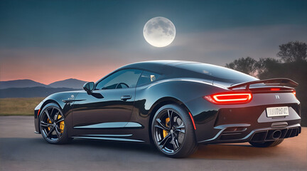 Fototapeta na wymiar A bright black sports car glistening in the moon, a mode of transportation that will take you anywhere