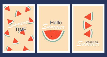 A set of postcards. Greeting card. Invitation. Save the date. A slice of watermelon. A girl in a hat is eating a watermelon. Hello summer.