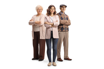 Young woman standing in front of an elderly man and woman
