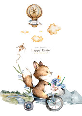Little fox rides a bicycle watercolor. Hello spring animals template for greeting card. Bunny rides on a swing watercolor. Easter funny animals - 603454362
