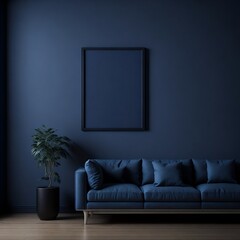 Navy Blue Frame Living Room Mockup with Sofa, Coffee Table, and Potted Plant