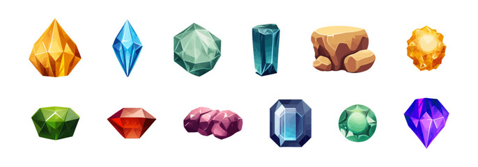 Diamond gemstone vector cartoone style illustration. Magic stones precious set.