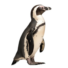 Fototapeta premium side view of animal African penguin running on transparent background, Generative Ai