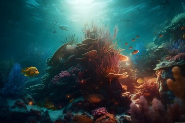 Naklejka na ściany i meble Illustration of colorful fish and coral reef underwater , .highly detailed, cinematic shot photo taken by sony incredibly detailed, sharpen details highly realistic professional photography