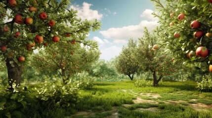 Summer apple garden. Illustration AI Generative.