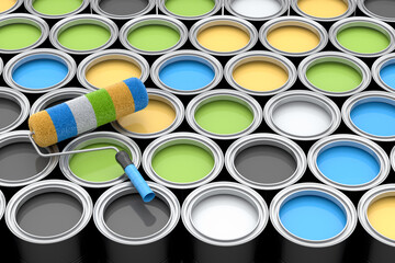 Set of open metal can or buckets of paint in row pattern on white background.