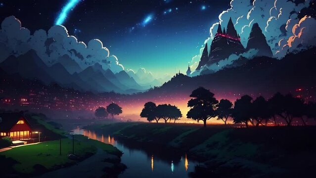 Countryside mountains landscape at night. High mountains, river, vilage with night lights, trees and beautiful starry sky. Animation with image transformations and metamorphose. AI-generated video