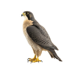 Obraz premium Side view of animal Peregrine Falcon standing on a transparent background, Generative ai