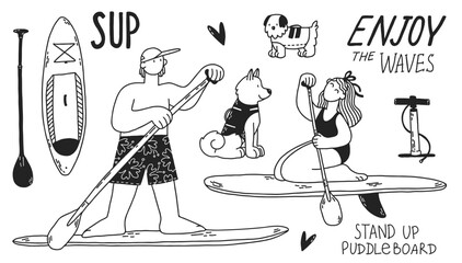 Young woman and man on stand up paddle board. Dogs in life vests. Cartoon girl and boy surfing on SUP. Black and white vector set of hand-drawn illustrations