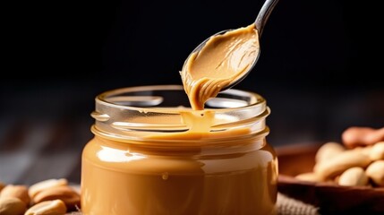 Spoon and glass jar with creamy peanut butter Illustration AI Generative.