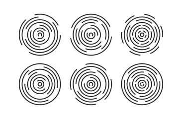 circular ripple icon set. Concentric circles with broken lines isolated on white background. Vortex, sonar wave, soundwave, sunburst, signal signs