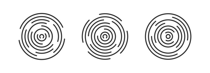 circular ripple icon set. Concentric circles with broken lines isolated on white background. Vortex, sonar wave, soundwave, sunburst, signal signs