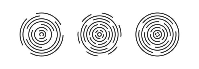 circular ripple icon set. Concentric circles with broken lines isolated on white background. Vortex, sonar wave, soundwave, sunburst, signal signs
