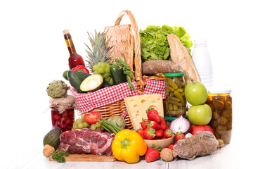 composition with fruit, vegetable, meats, wine- organic food assortment