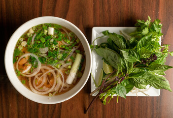 Vietnamese pho soup with shrimp
