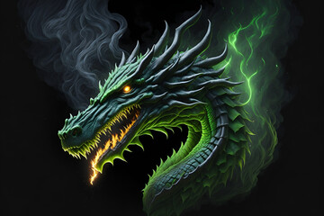 green dragon on a black background, Illustration of Infuriated Dragon with Fire Flames in Green Color on Black Background for Design,Generative AI