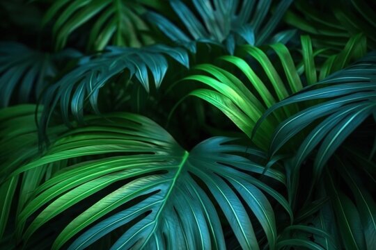 Green tropical leaves background. Illustration AI Generative. © olegganko