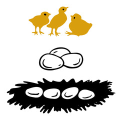 Chickens, eggs and nest vector hand drawn illustration for poster, flyer, farm package design, childrens education book.