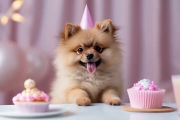 Fototapeta na wymiar Cute Birthday dog with cake. Illustration AI Generative