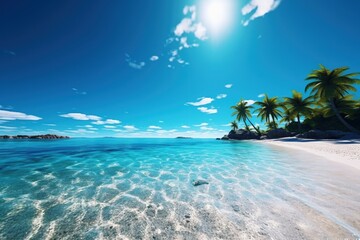 Obraz na płótnie Canvas Sunny beach blue ocean background. Illustration AI Generative.