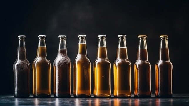 Glass bottles of beers. Illustration AI Generative